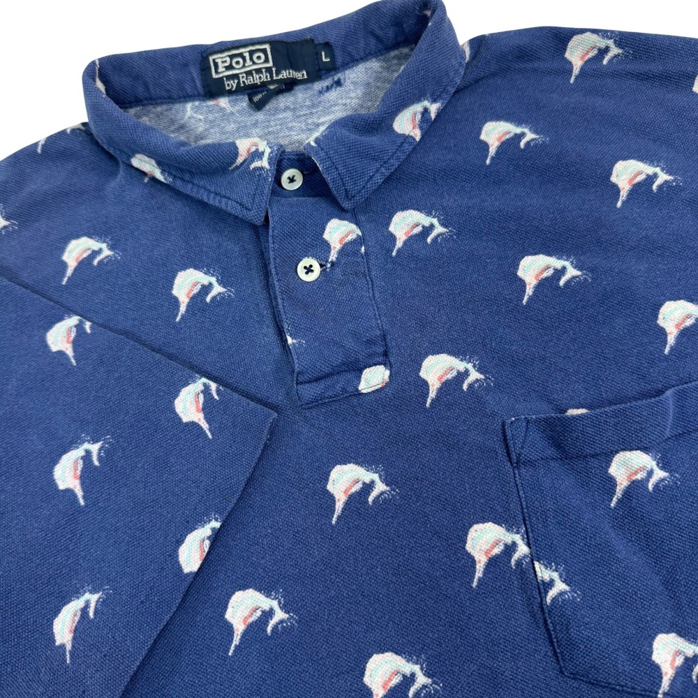 VTG Polo Ralph Lauren Marlin Fish Polo Shirt Blue Men L Nautical Preppy Coastal